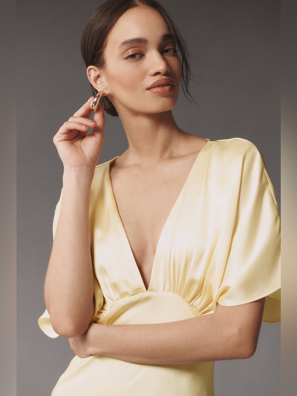 BHLDN Amelia Deep-V Flutter-Sleeve Satin A-Line Gown in Butter Yellow - Picture 3 of 5